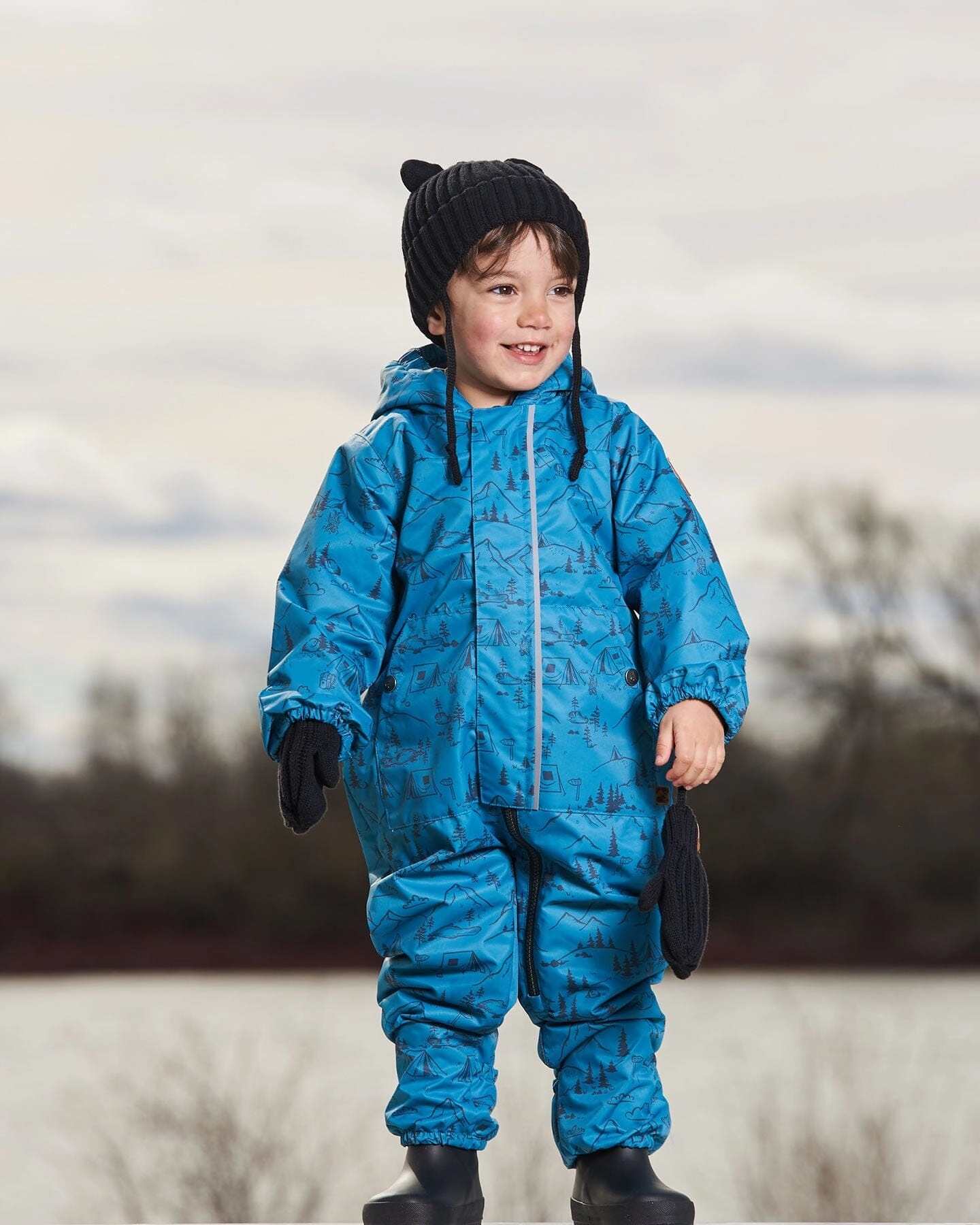 Baby Printed Mid-Season One-Piece Outerwear With Hat Blue And Gray Boys Waterproof Parka