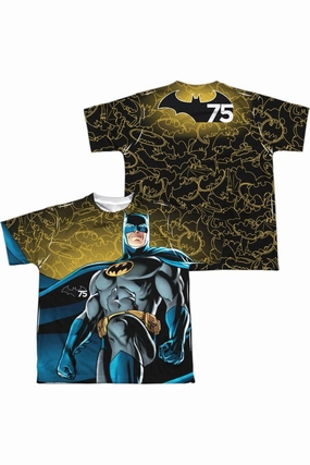 Batman 75 Glow (Front/Back Print) Short Sleeve Youth Poly Crew Tee / T-Shirt graphic tees for boys, polo shirts boys