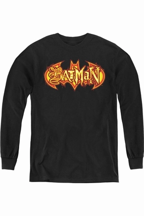 Batman Fiery Shield Youth Long Sleeve Tee / T-Shirt graphic tees for boys, polo shirts boys