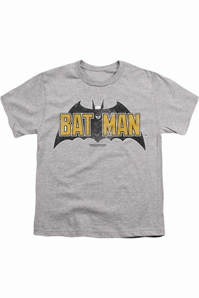 Batman Vintage Bat Logo On Gray Short Sleeve Youth Tee / T-Shirt graphic tees for boys, polo shirts boys