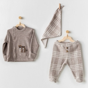 Beige Knit Plaid Kimono Outfit & Bib 2-piece outfit boys, toddler matching sets
