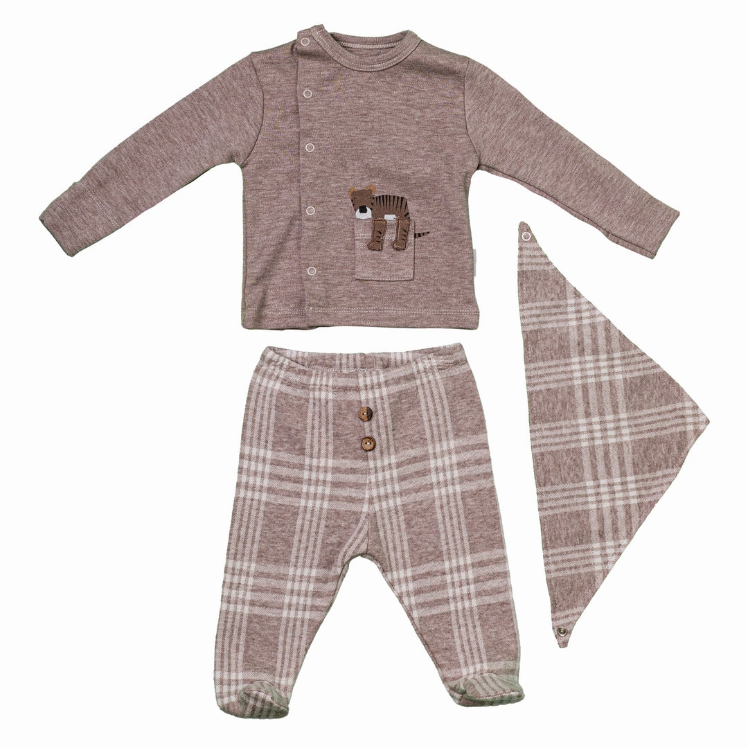Beige Knit Plaid Kimono Outfit & Bib Boys Summer Matching Set