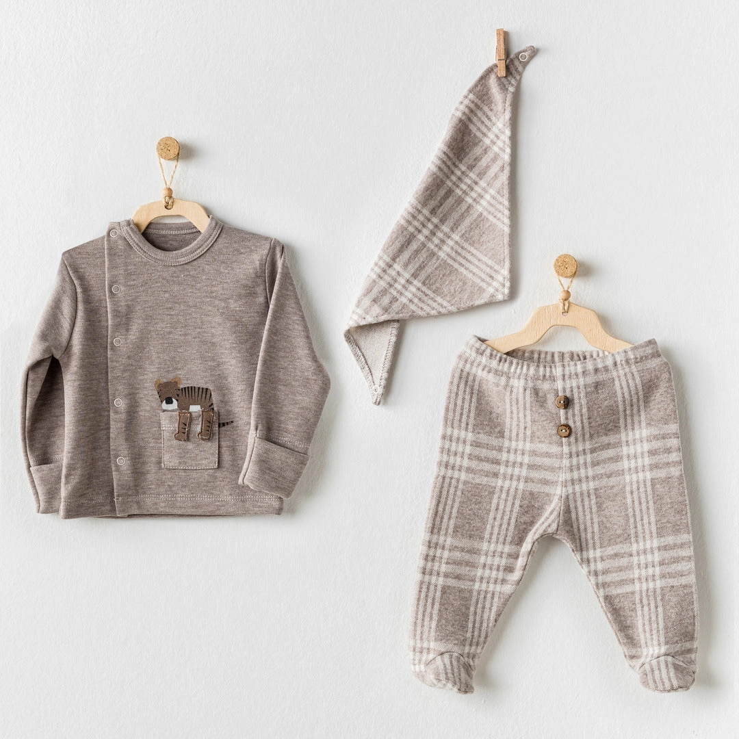 Beige Knit Plaid Kimono Outfit & Bib 2-piece outfit boys, toddler matching sets