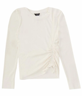 Big Girl's Long Sleeve Cinched Top In Off White ruffle tops girls, long sleeve tees girls