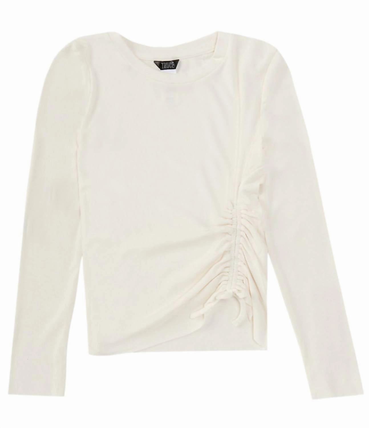 Big Girl's Long Sleeve Cinched Top In Off White ruffle tops girls, long sleeve tees girls