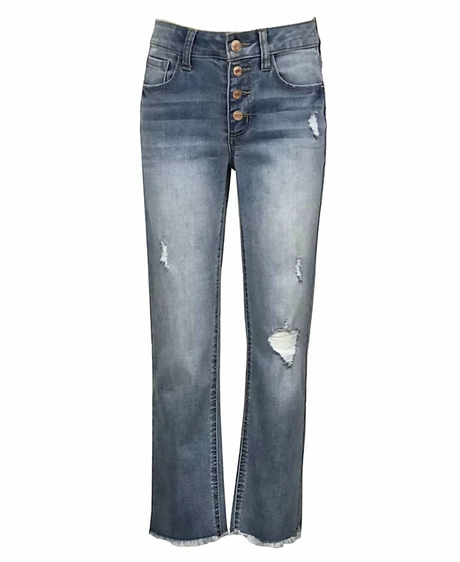 Big Girls Button Fly Destructed Straight Leg Jeans In Medium Blue girls bootcut jeans, stretch denim girls