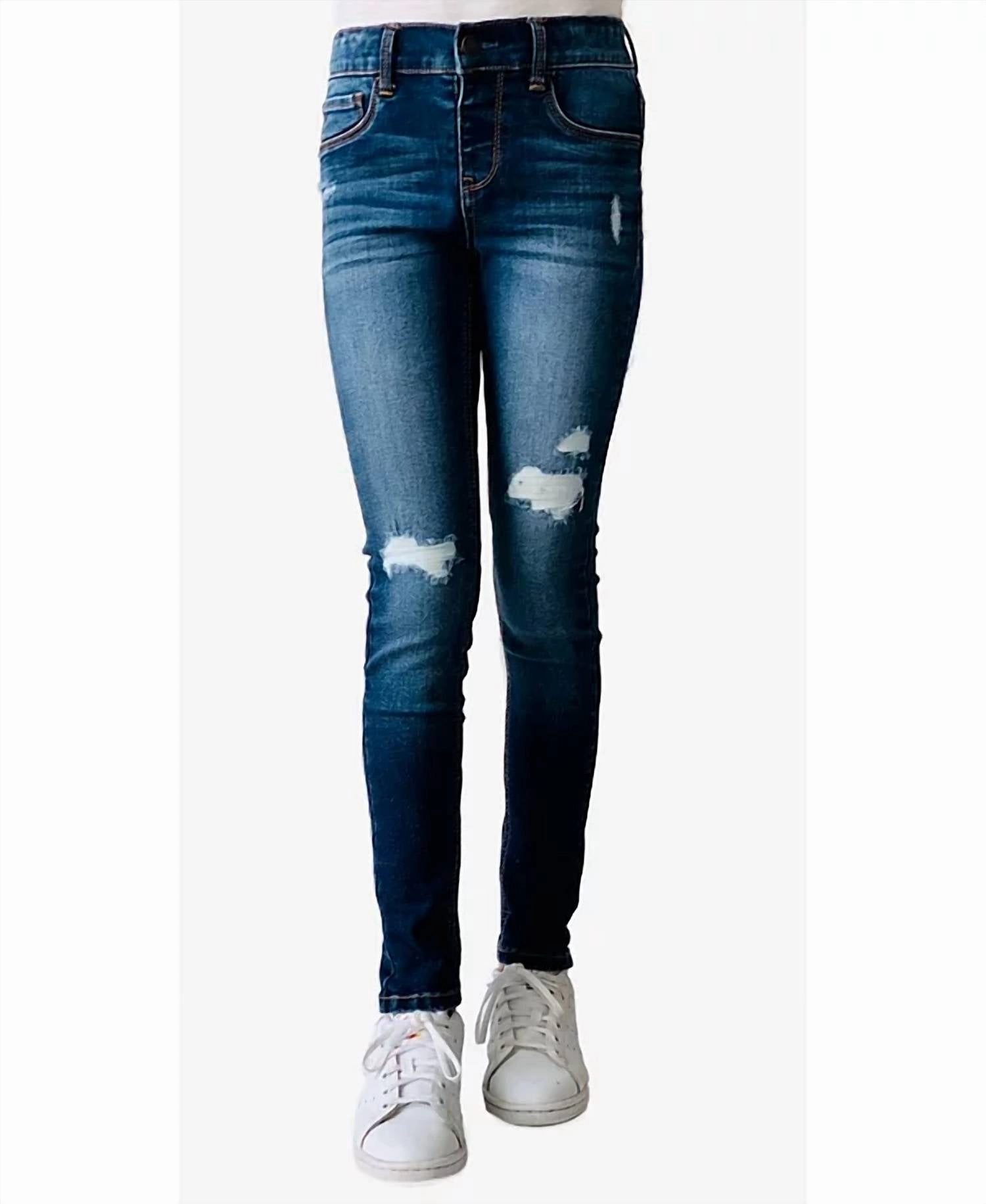 Big Girls Destructed Denim Skinny Jeans In Medium Blue girls bootcut jeans, stretch denim girls