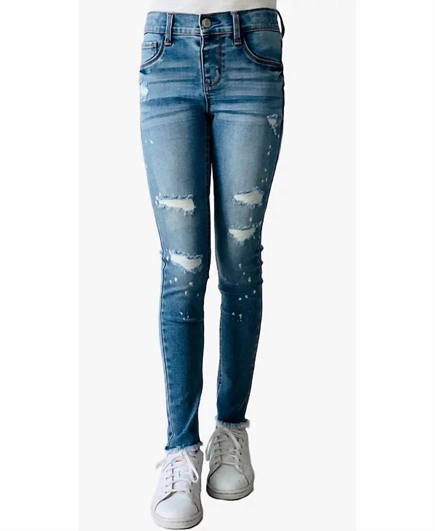 Big Girls Destructed Paint Splattered Skinny Jeans In Medium Blue girls bootcut jeans, stretch denim girls