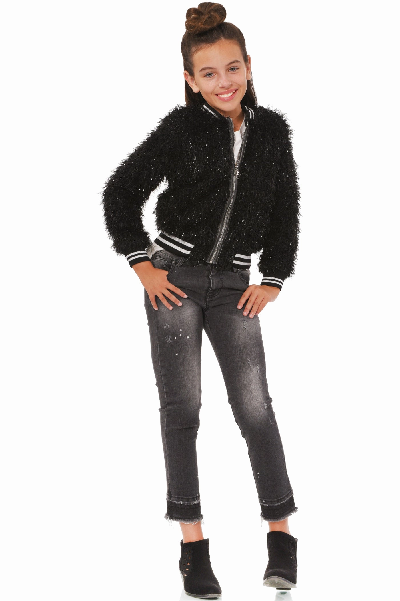 Big Girls Faux Fur Sparkly Sporty Chic Bomber Jacket Girls Sherpa Coat