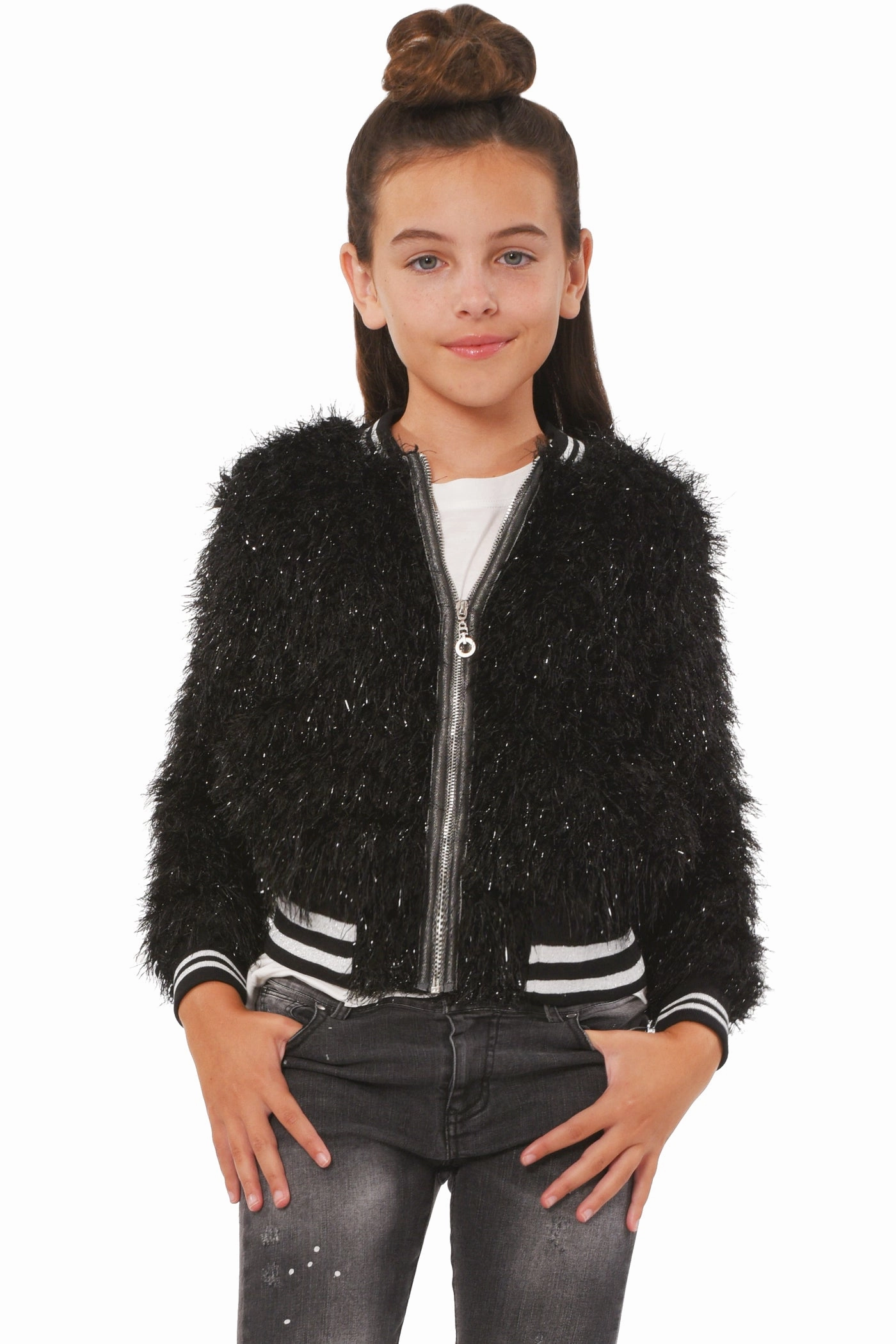 Big Girls Faux Fur Sparkly Sporty Chic Bomber Jacket Girls Sherpa Coat