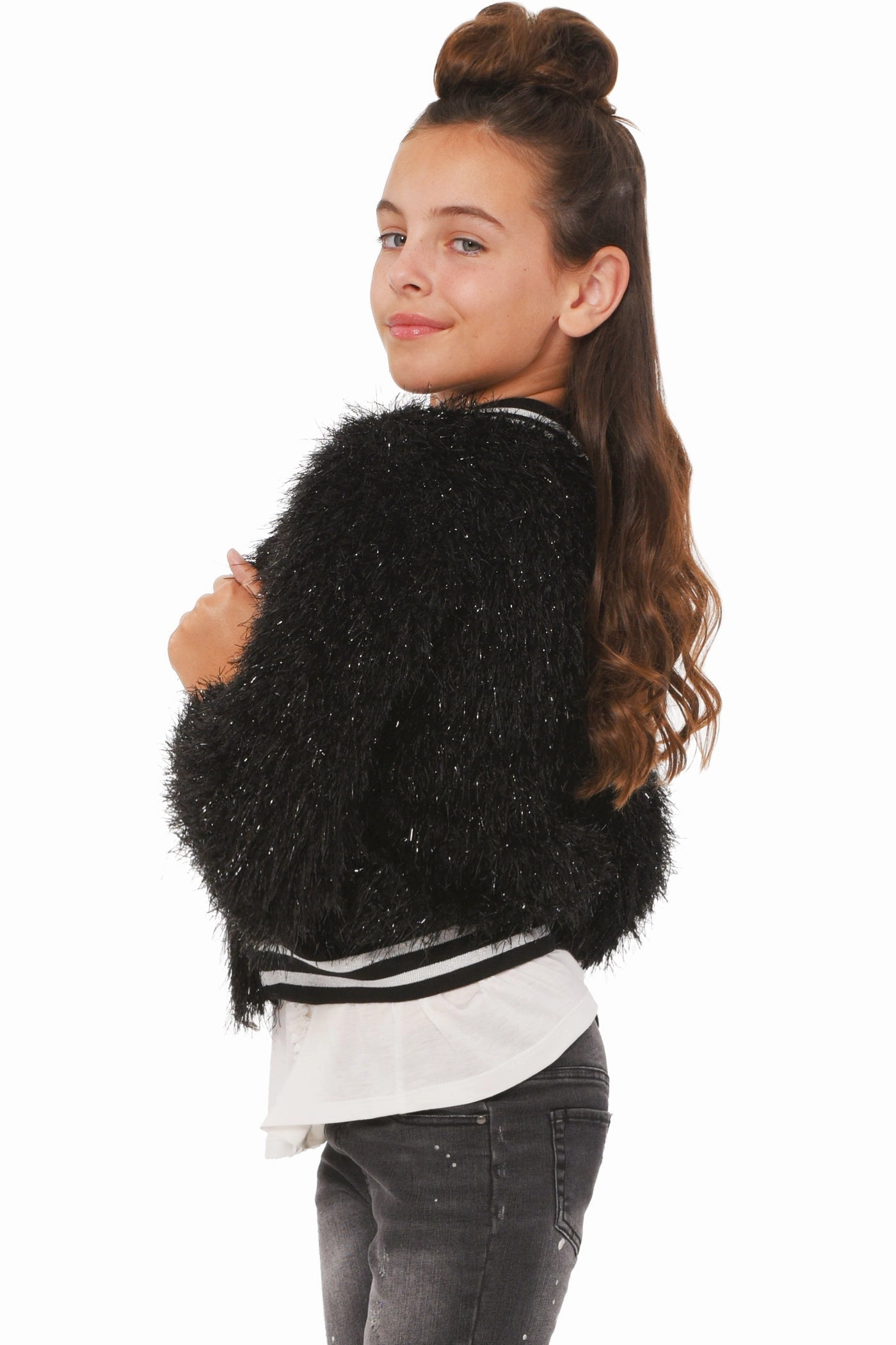 Big Girls Faux Fur Sparkly Sporty Chic Bomber Jacket Girls Sherpa Coat