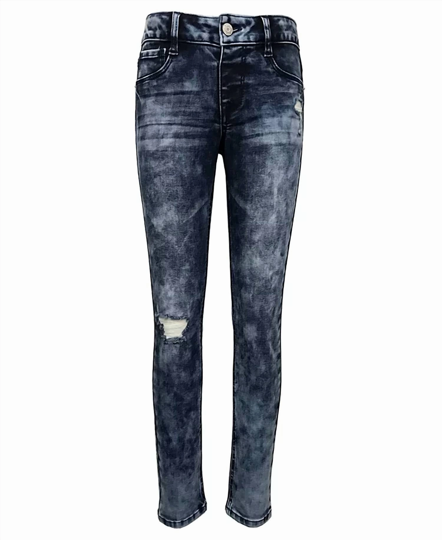 Big Girls Pull On Destructed Skinny Jeans In Dark Blue girls bootcut jeans, stretch denim girls