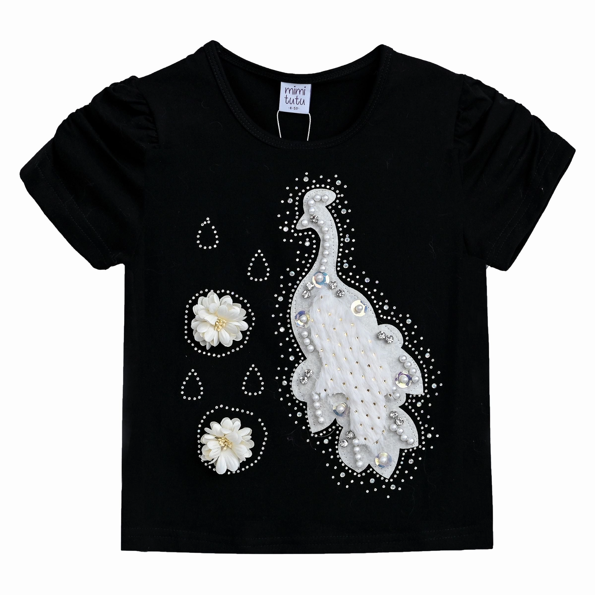 Black Peacock Applique T-Shirt girls knit pullovers, cardigan sweaters girls
