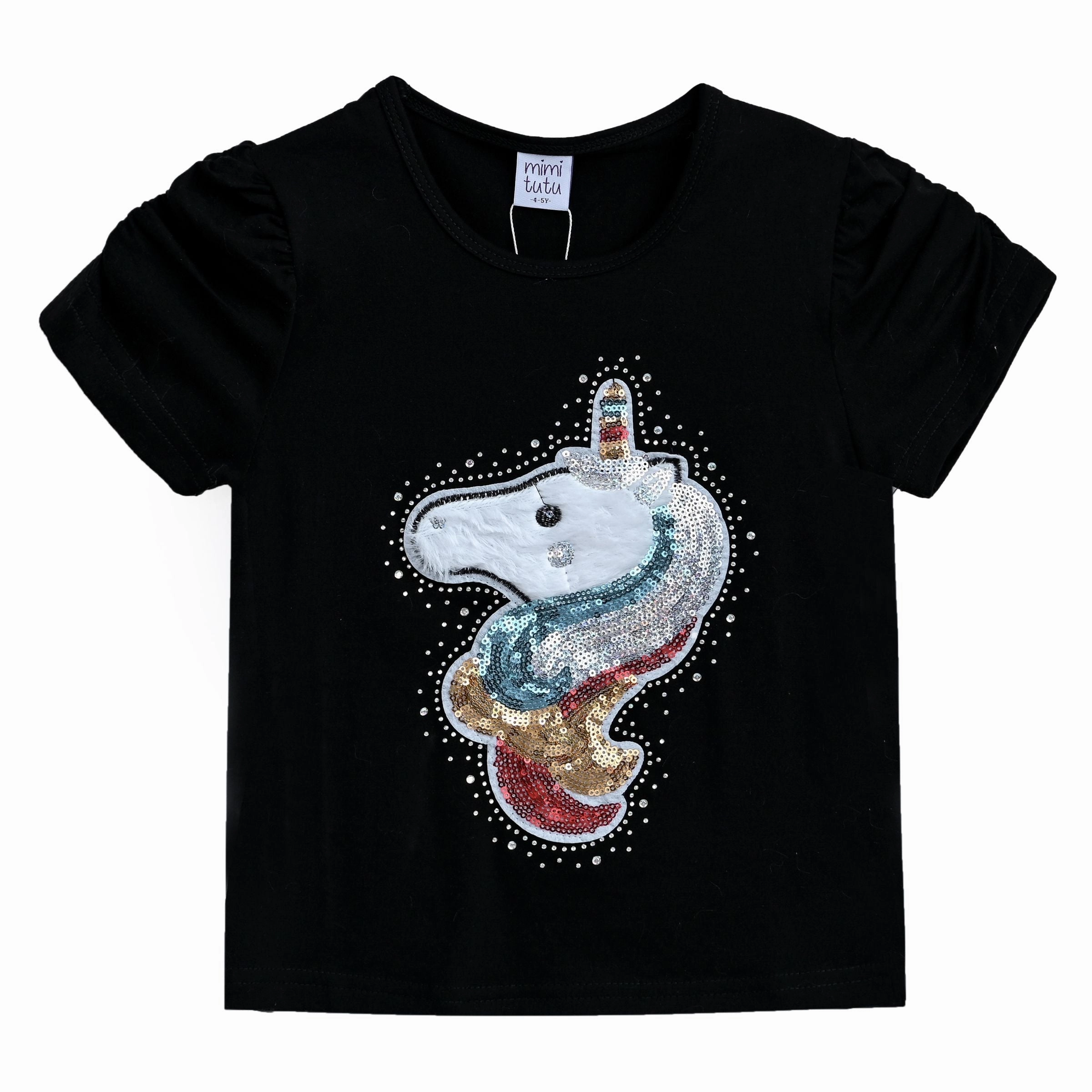 Black Unicorn Applique T-Shirt ruffle tops girls, long sleeve tees girls