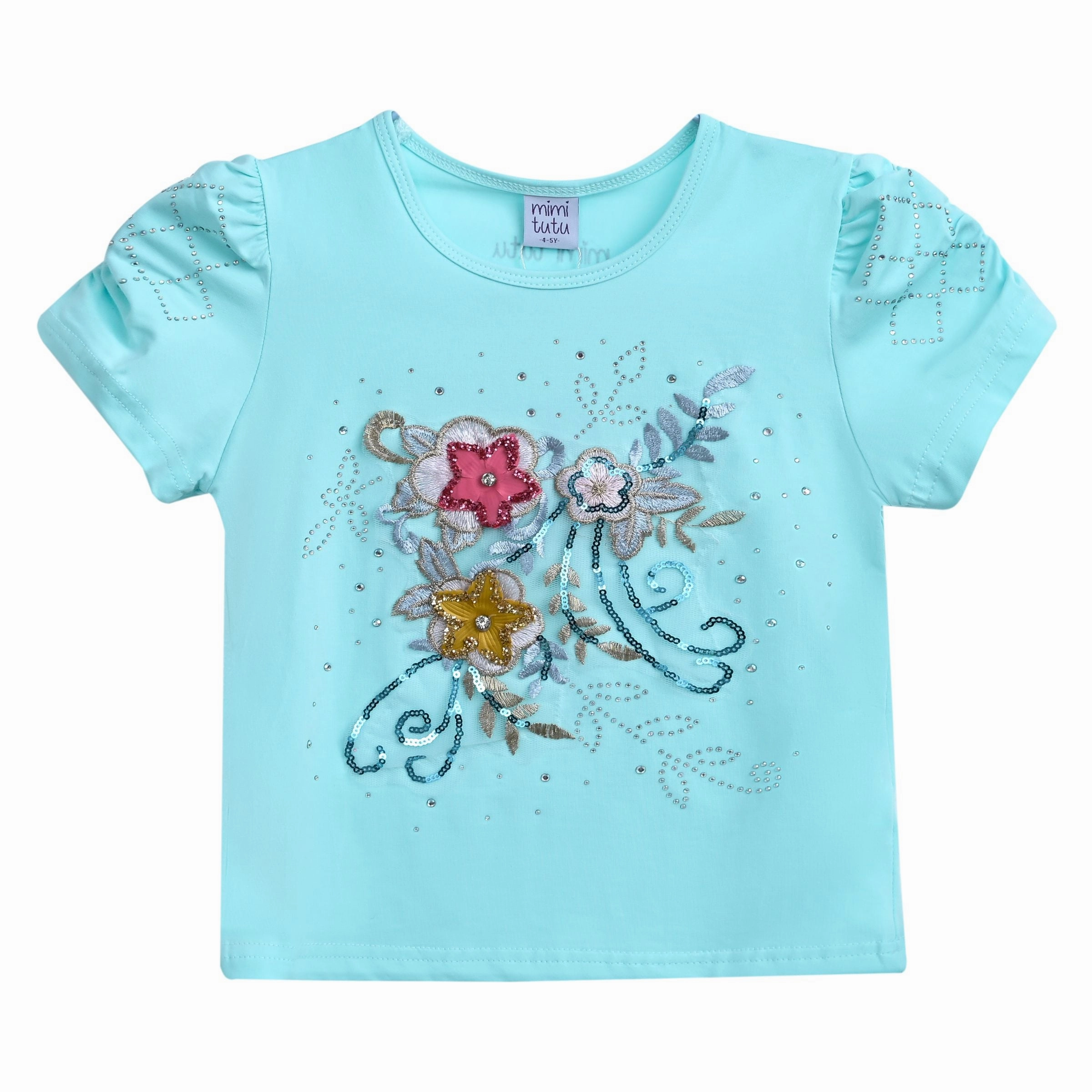 Blue Flowers Applique T-Shirt girls knit pullovers, cardigan sweaters girls