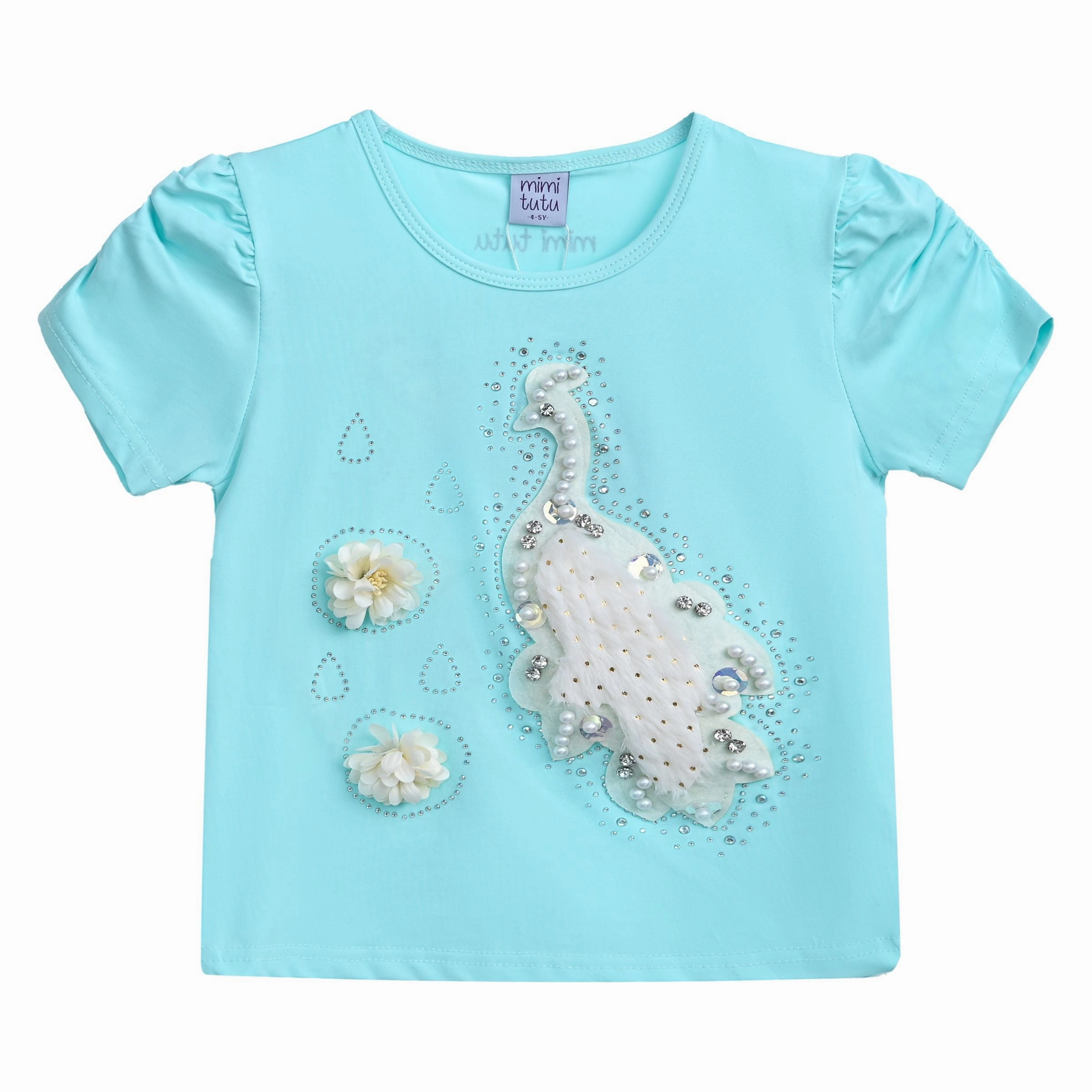 Blue Peacock Applique T-Shirt girls knit pullovers, cardigan sweaters girls