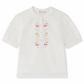 Bonpoint Girls Embroidered-Logo Cotton Blouse ruffle tops girls, long sleeve tees girls