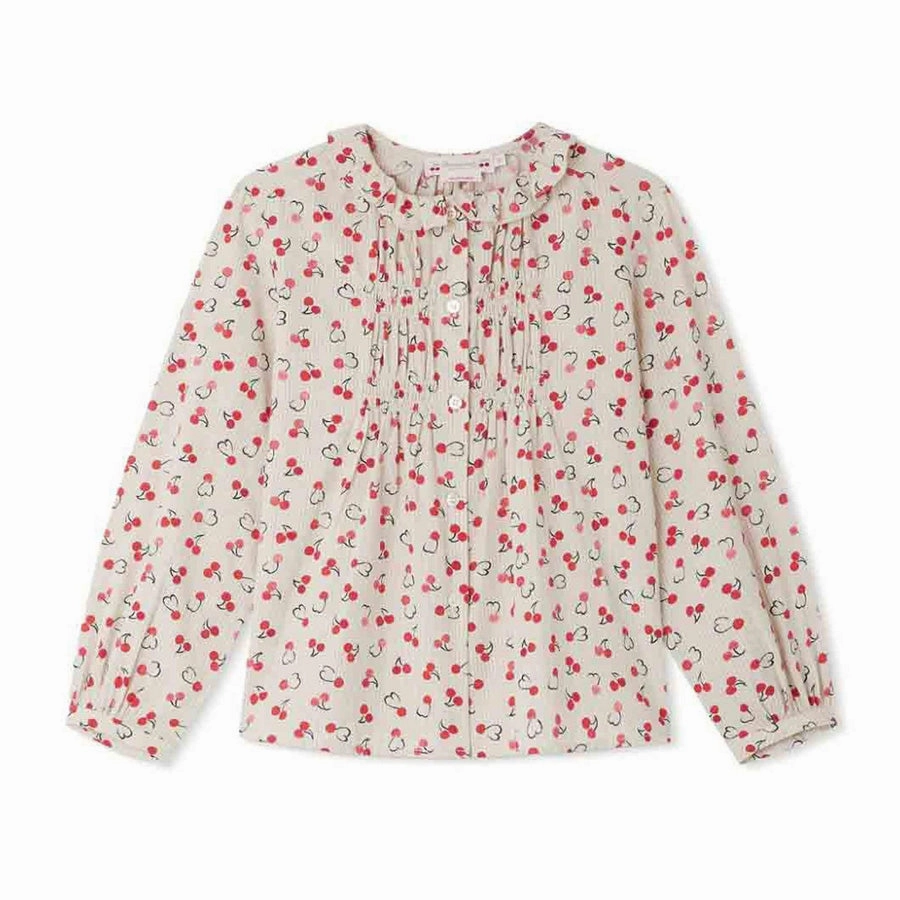 Bonpoint Girls Gentille Blouse With Red Cherry Print ruffle tops girls, long sleeve tees girls