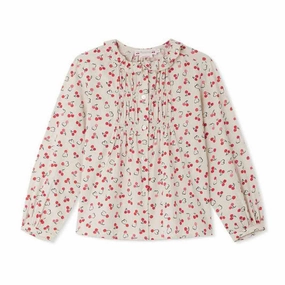 Bonpoint Girls Gentille Blouse With Red Cherry Print ruffle tops girls, long sleeve tees girls