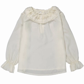 Bonpoint Kids White Lait Jaya Ruffle-Trim Silk Blouse ruffle tops girls, long sleeve tees girls