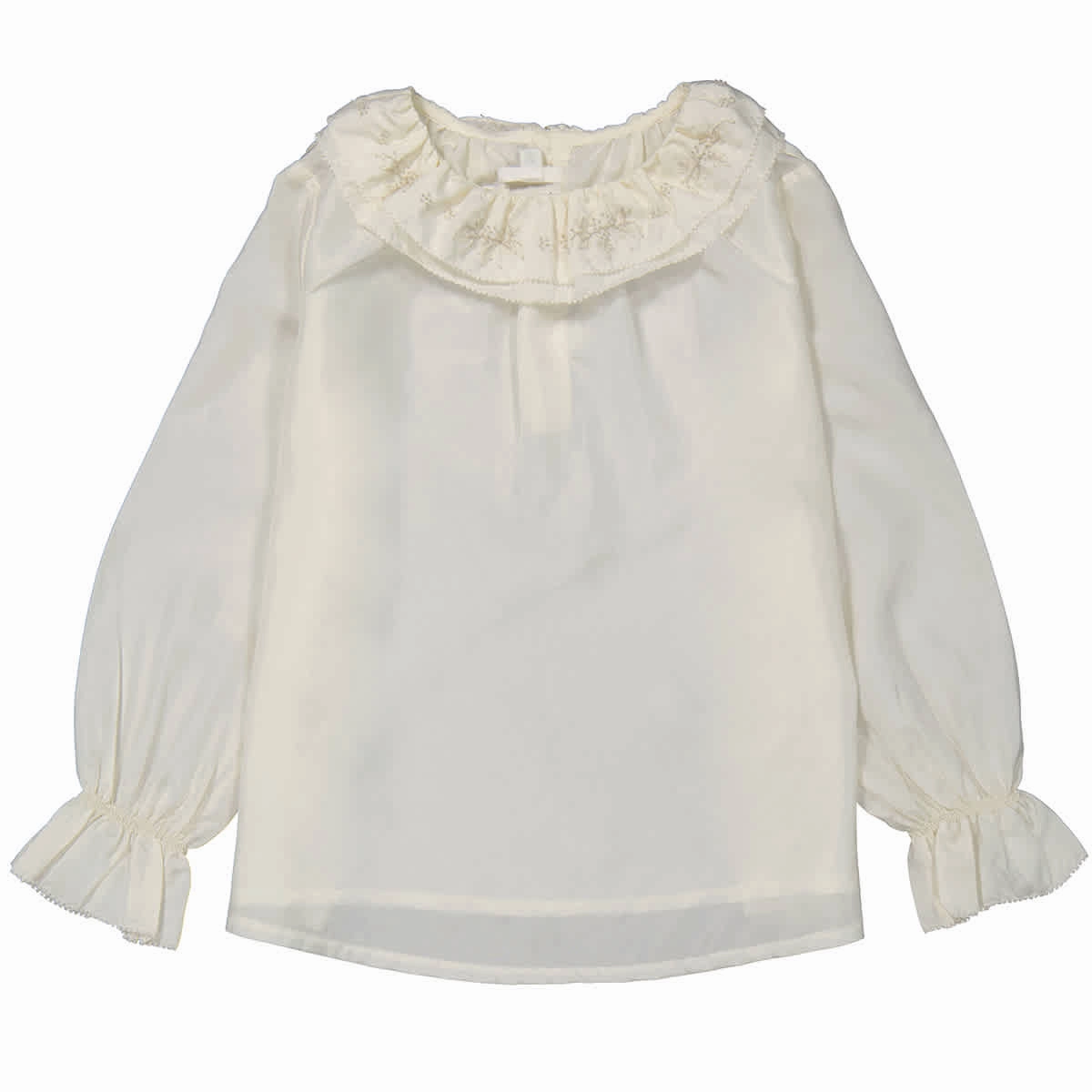 Bonpoint Kids White Lait Jaya Ruffle-Trim Silk Blouse ruffle tops girls, long sleeve tees girls