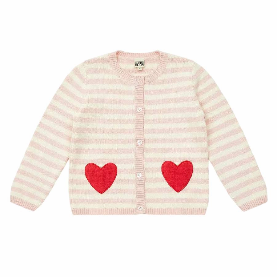 Bonton Heart-Embroidered Knit Cardigan ruffle tops girls, long sleeve tees girls