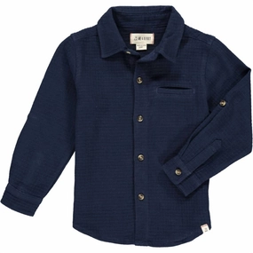 Boy's Atwood Waffle Long Sleeve Woven Collared Shirt In Navy graphic tees for boys, polo shirts boys