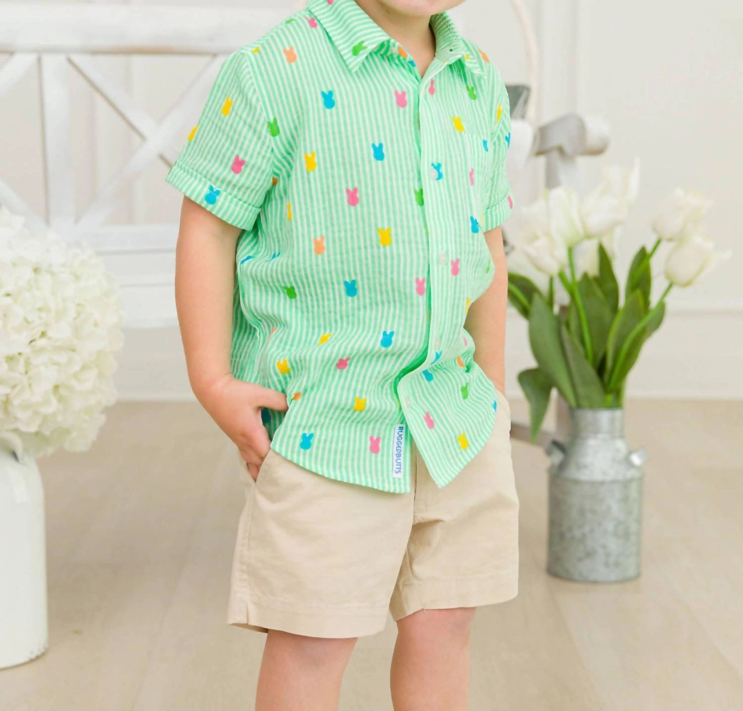 Boy's Bunny Stripe Short Sleeve Button Down Shirt In Green graphic tees for boys, polo shirts boys