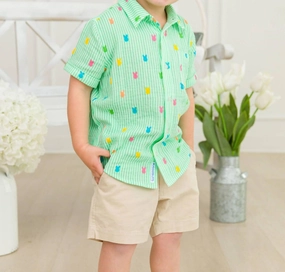 Boy's Bunny Stripe Short Sleeve Button Down Shirt In Green graphic tees for boys, polo shirts boys