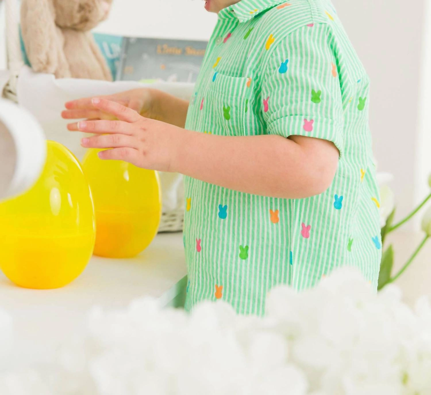 Boy's Bunny Stripe Short Sleeve Button Down Shirt In Green Boys Henley T Shirt