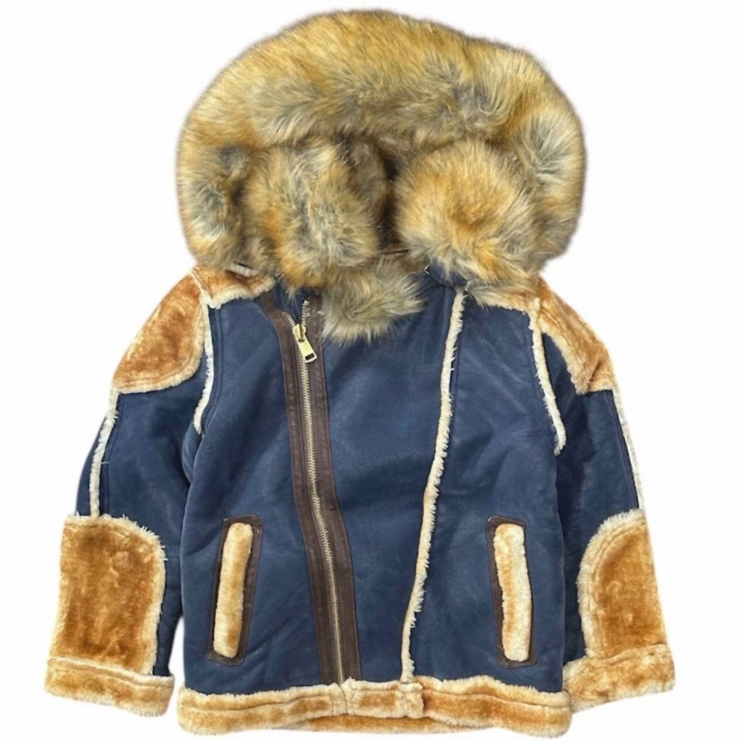 Boy's El Jefe Shearling Moto Jacket In Navy Boys Waterproof Parka