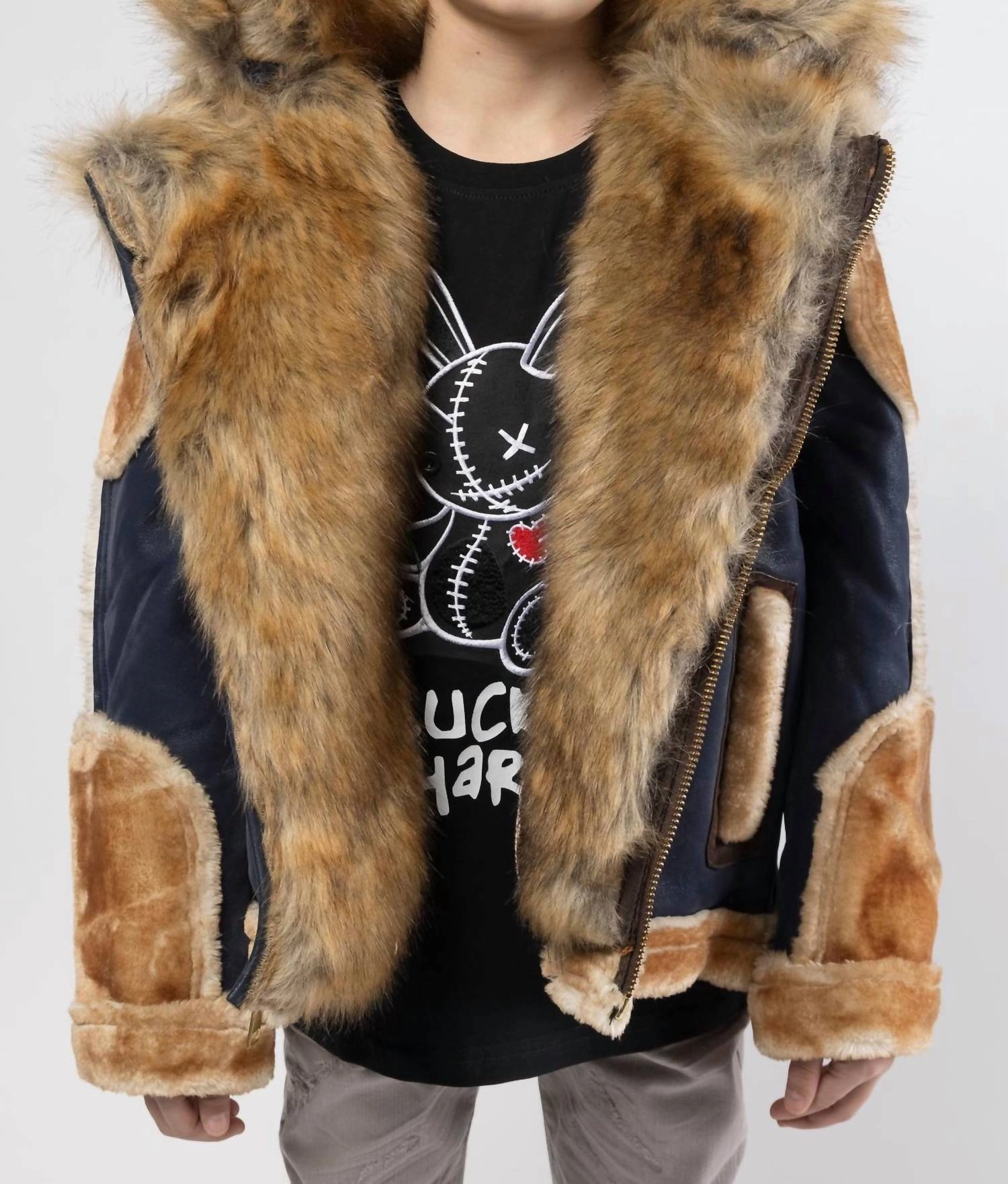 Boy's El Jefe Shearling Moto Jacket In Navy Boys Waterproof Parka