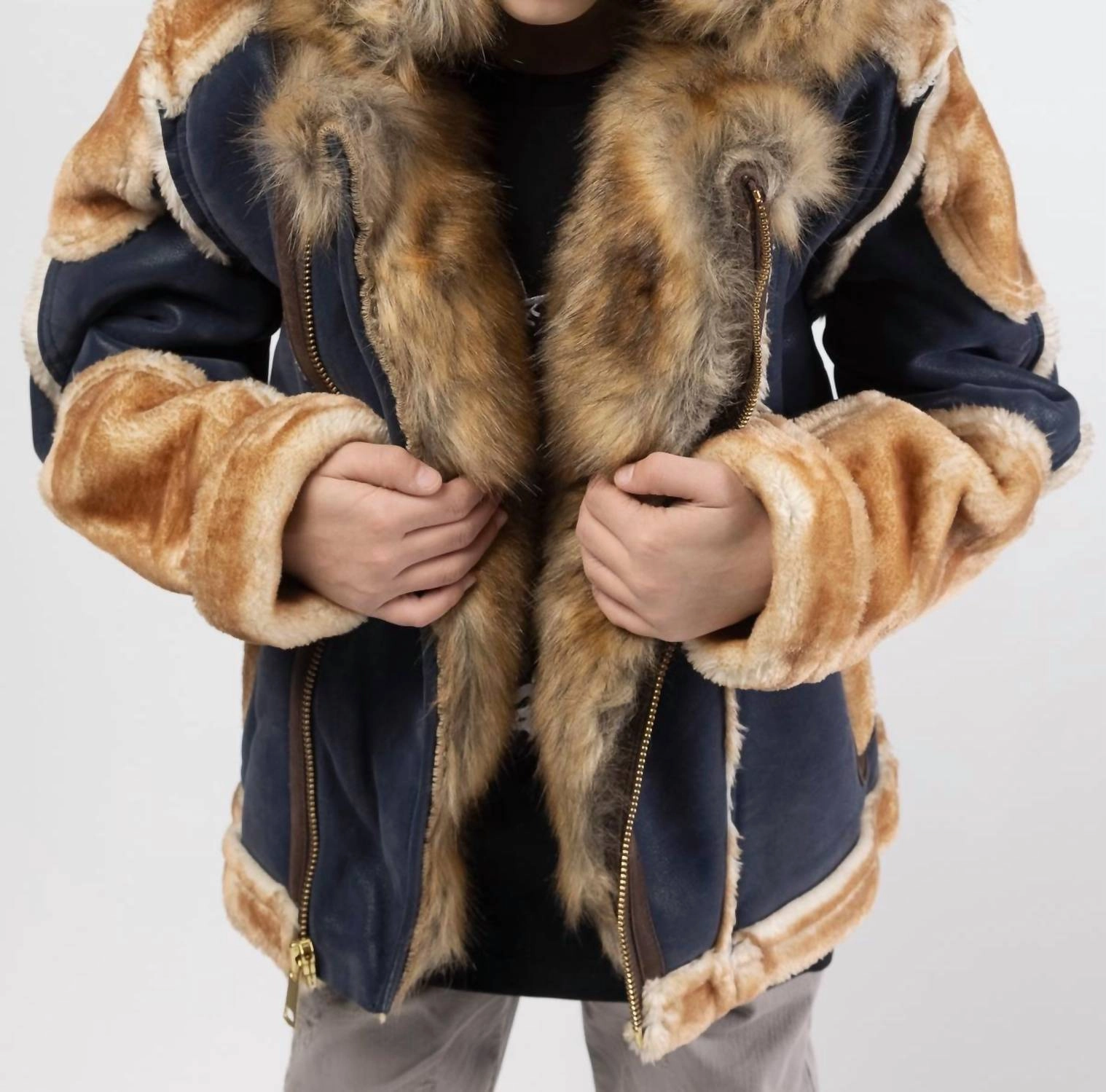 Boy's El Jefe Shearling Moto Jacket In Navy Boys Waterproof Parka