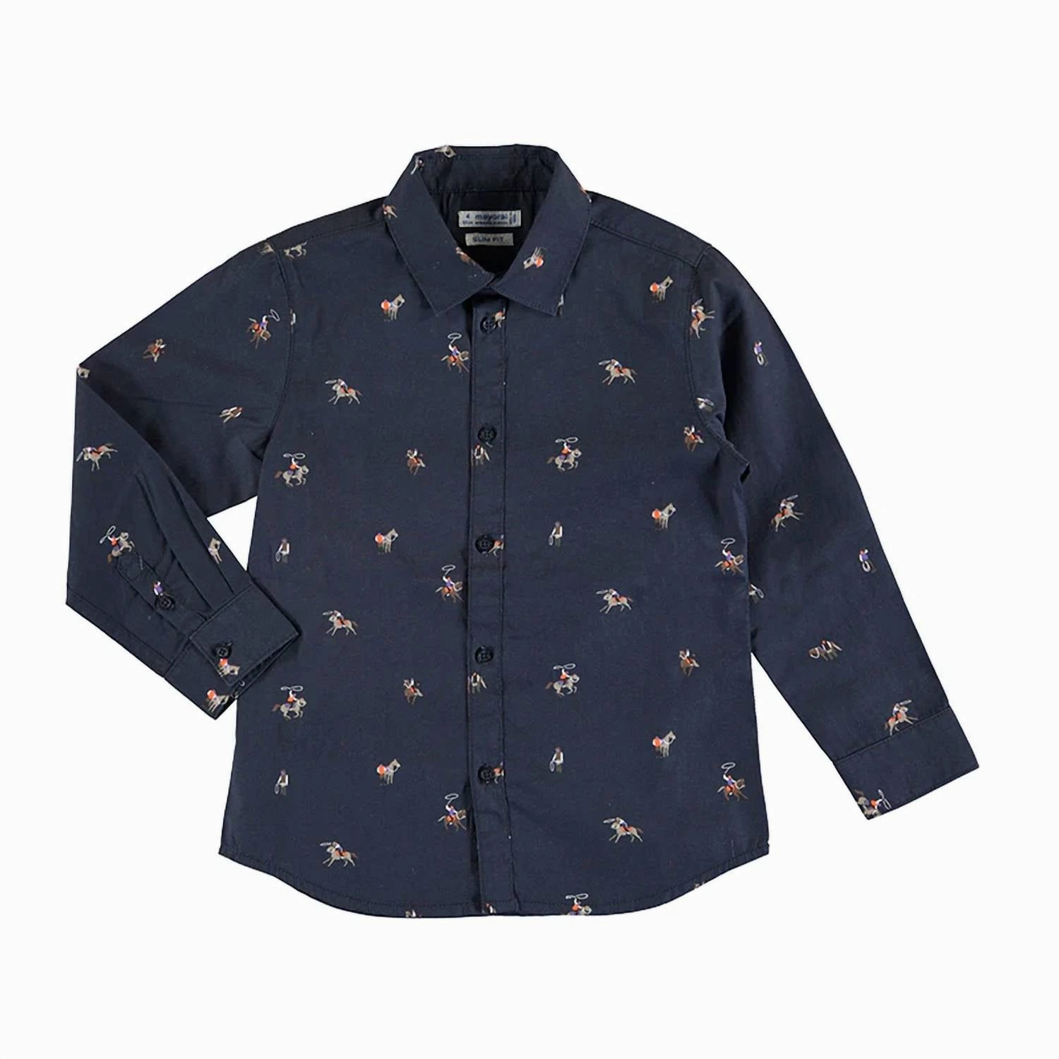 Boy's Horse Print Long Sleeve Shirt In Navy Boys Henley T Shirt