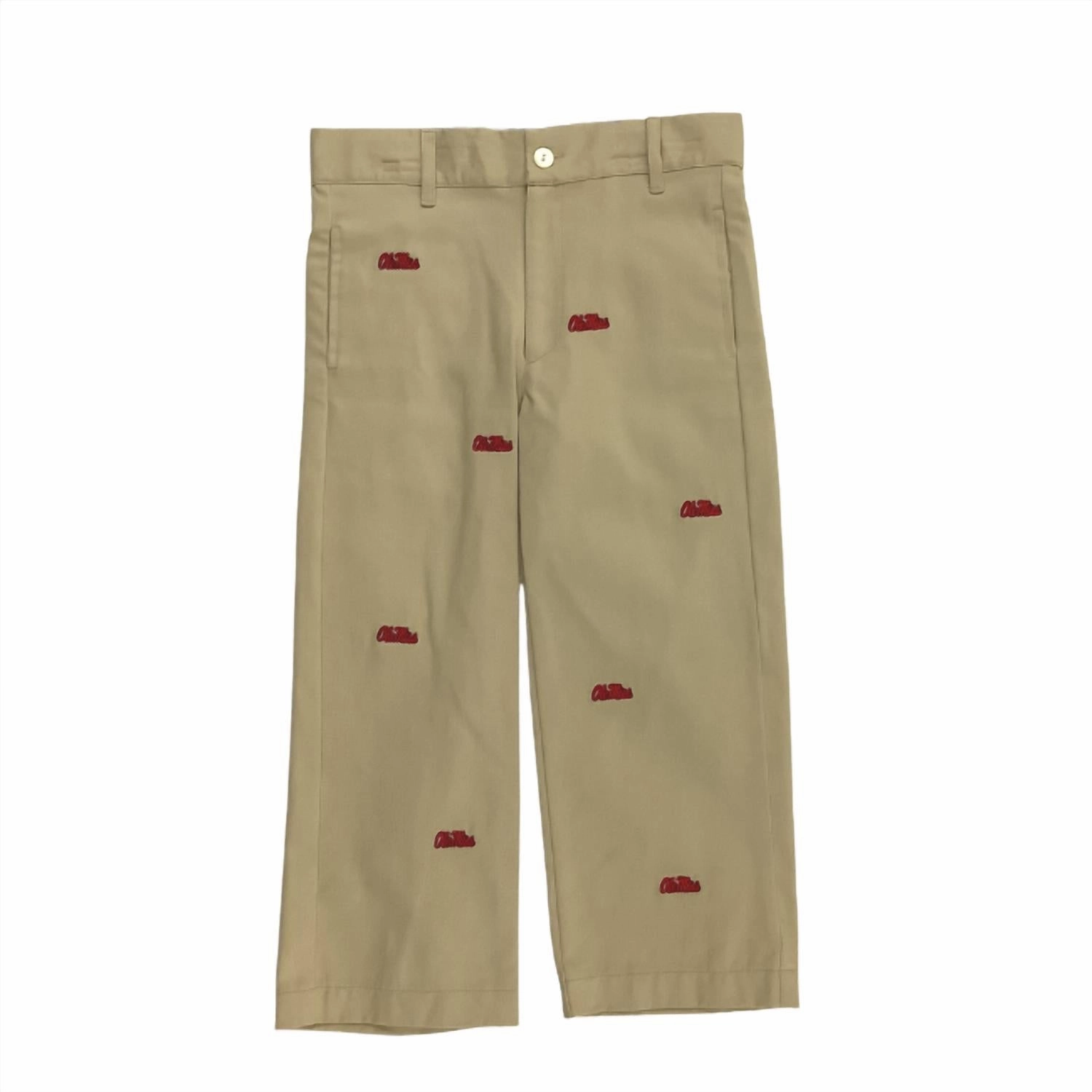 Boy's Ole Miss Collegiate Hand Embroidered Pants In Khaki boys jogger pants, school uniform pants boys