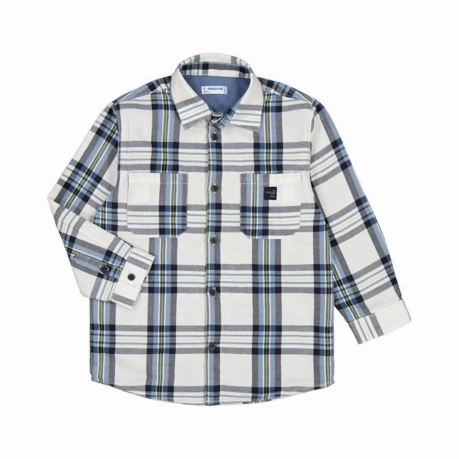 Boy's Plaid Long Sleeve Shirt In Glacial White graphic tees for boys, polo shirts boys