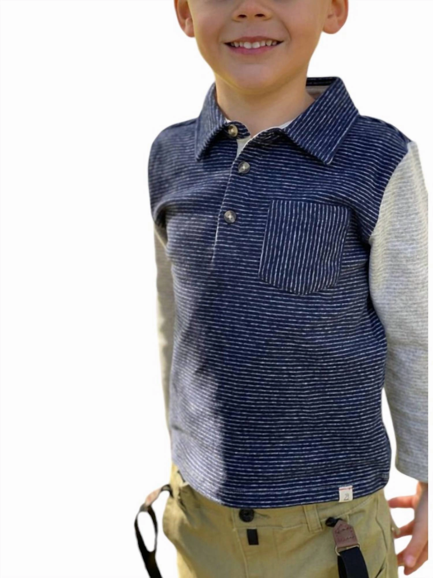 Boy's Troy Long Sleeve Polo Shirt In Navy Stripe & Grey Boys Henley T Shirt