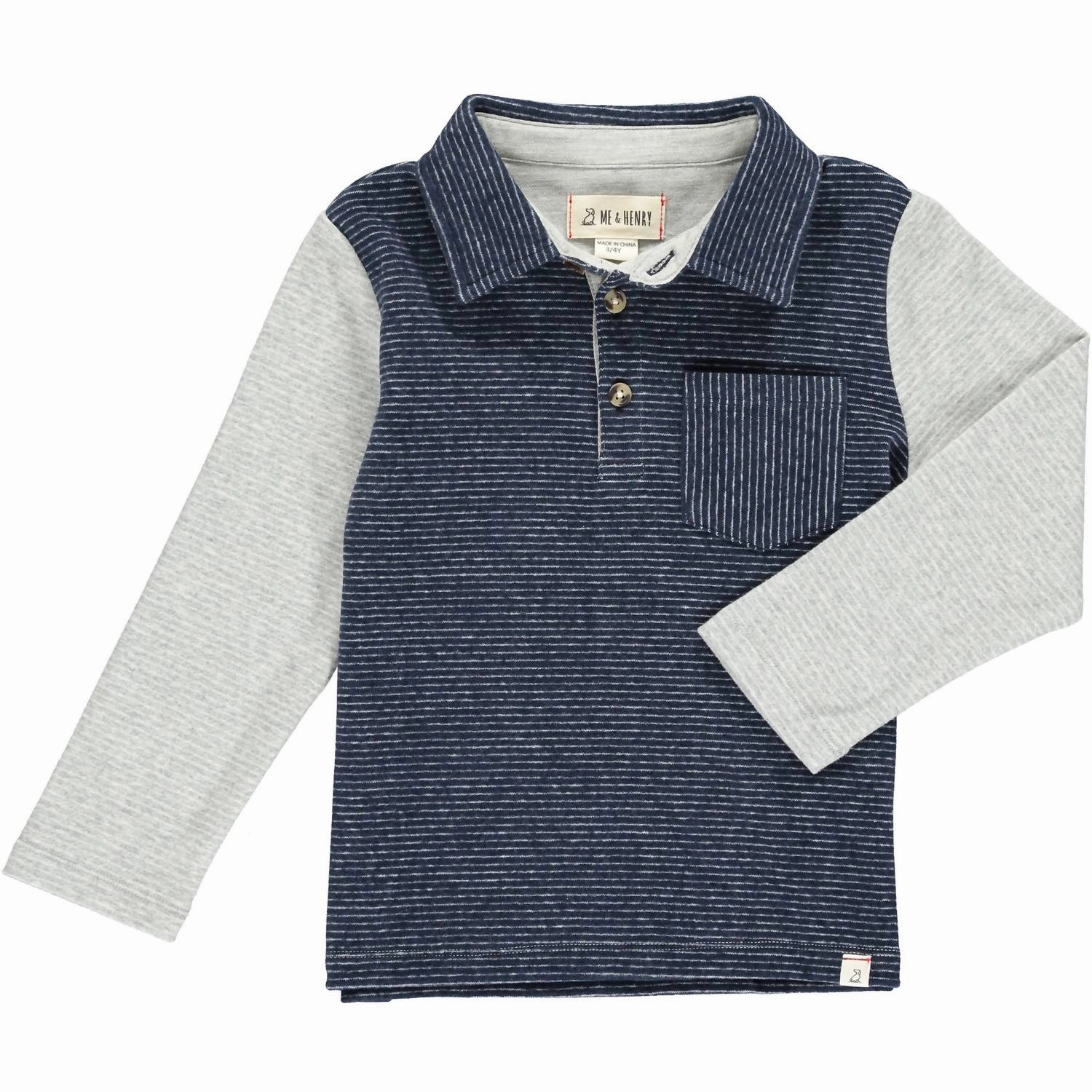 Boy's Troy Long Sleeve Polo Shirt In Navy Stripe & Grey graphic tees for boys, polo shirts boys