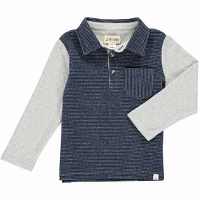 Boy's Troy Long Sleeve Polo Shirt In Navy Stripe & Grey graphic tees for boys, polo shirts boys
