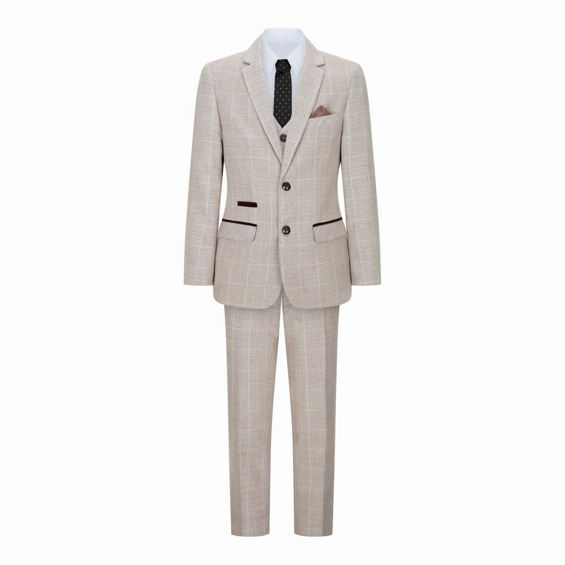Boys 3 Piece Beige Tweed Check Vintage Retro Suit Boys Summer Matching Set