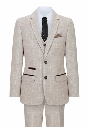 Boys 3 Piece Beige Tweed Check Vintage Retro Suit 2-piece outfit boys, toddler matching sets