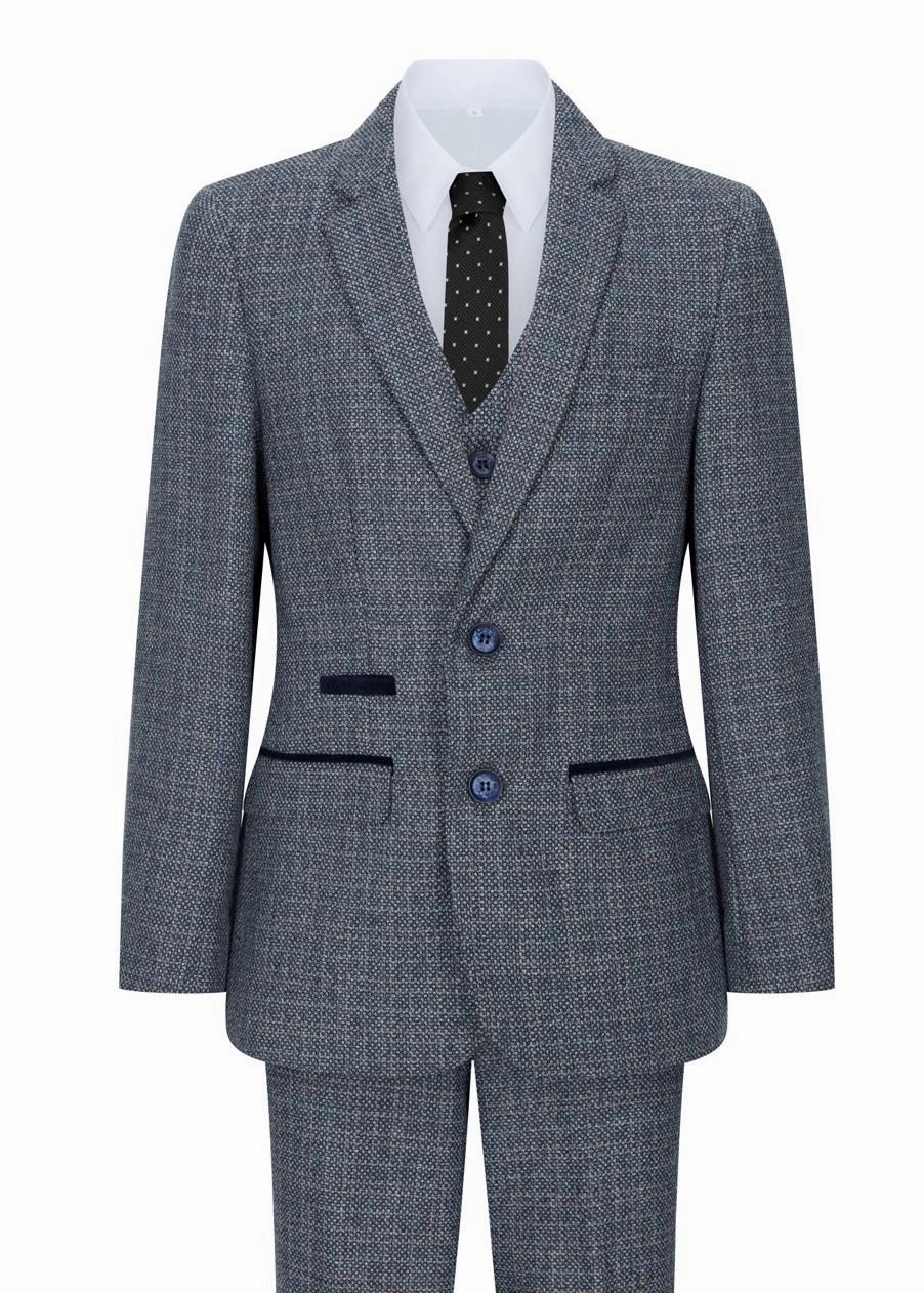 Boys 3 Piece Blue Tweed Check Vintage Retro Suit 2-piece outfit boys, toddler matching sets