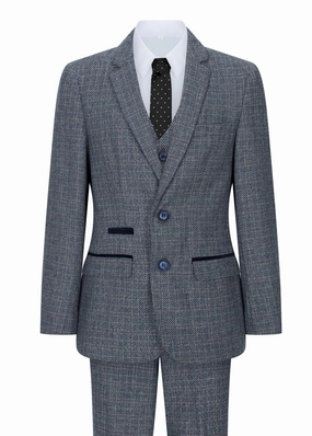 Boys 3 Piece Blue Tweed Check Vintage Retro Suit 2-piece outfit boys, toddler matching sets
