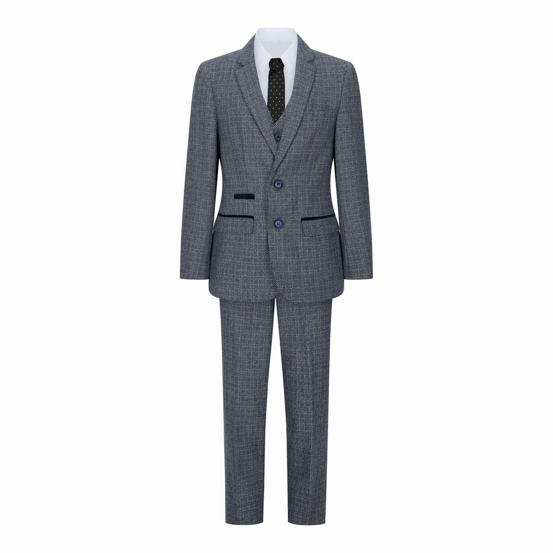 Boys 3 Piece Blue Tweed Check Vintage Retro Suit Boys Summer Matching Set