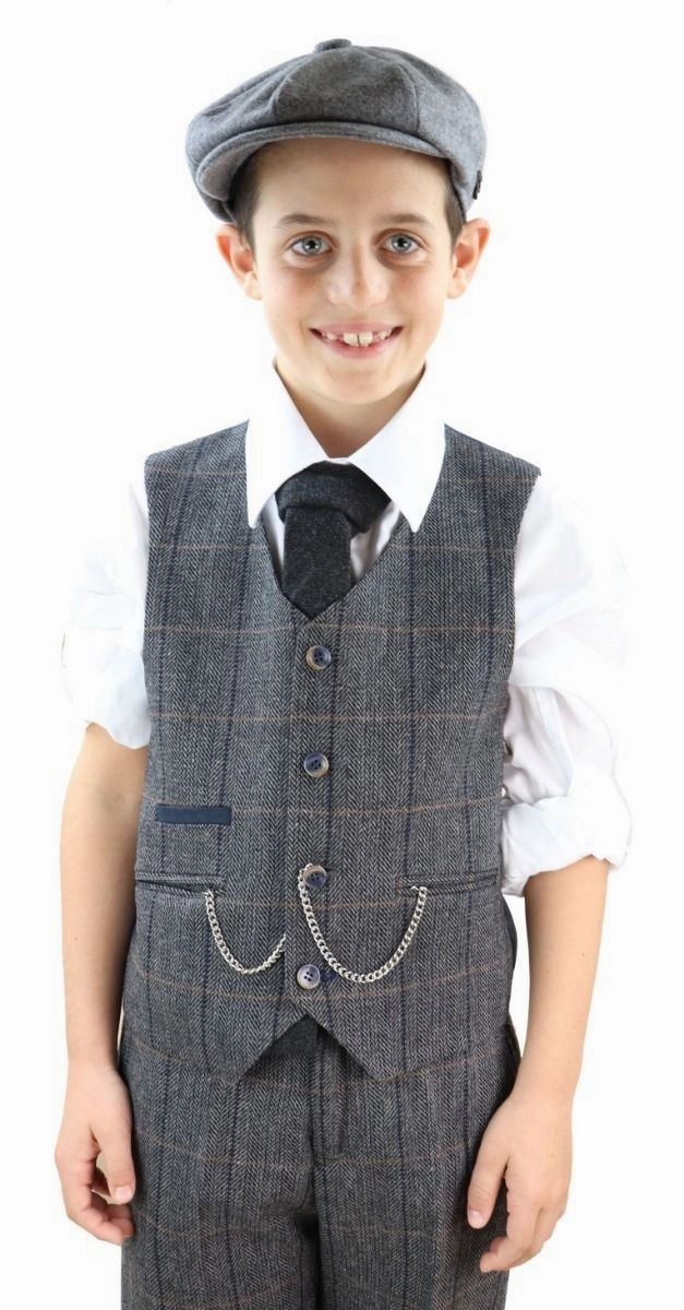 Boys 3 Piece Charcoal Grey Herringbone Tweed Check Classic  Suit Boys Summer Matching Set