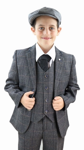 Boys 3 Piece Charcoal Grey Herringbone Tweed Check Classic  Suit 2-piece outfit boys, toddler matching sets