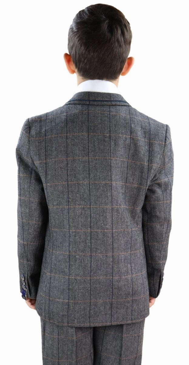Boys 3 Piece Charcoal Grey Herringbone Tweed Check Classic  Suit Boys Summer Matching Set
