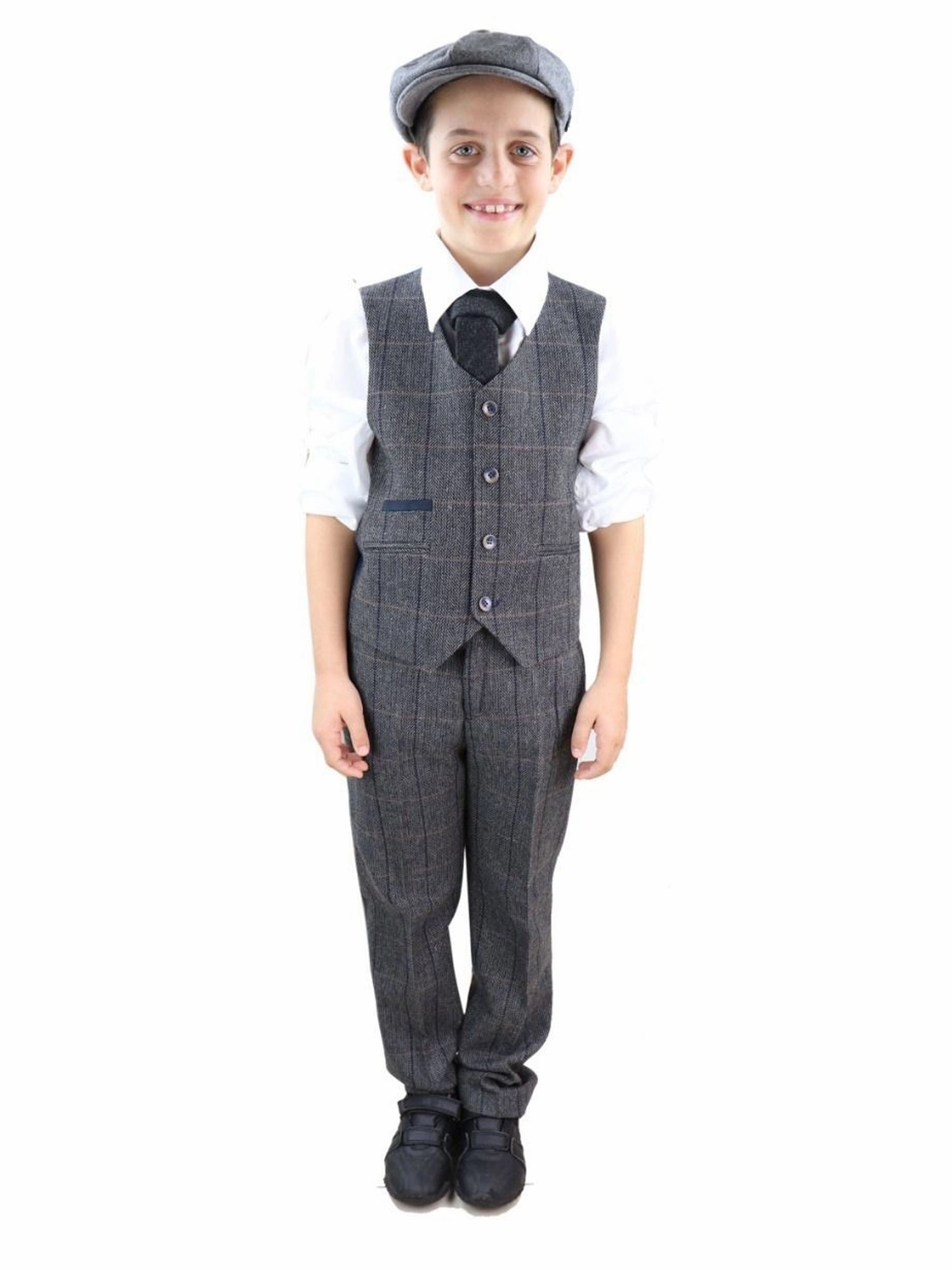 Boys 3 Piece Charcoal Grey Herringbone Tweed Check Classic  Suit Boys Summer Matching Set