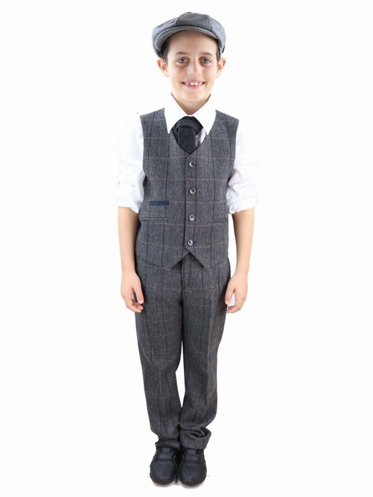 Boys 3 Piece Charcoal Grey Herringbone Tweed Check Classic  Suit Boys Summer Matching Set