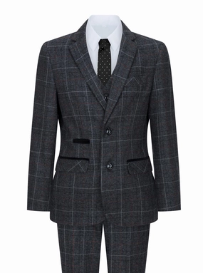Boys 3 Piece Charcoal Grey Tweed Check Vintage Retro Suit 2-piece outfit boys, toddler matching sets